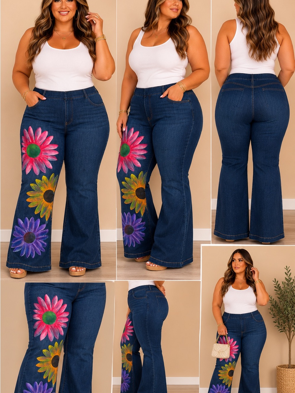 Plus-Size Dark Wash Flare Jeans Custom Painted Multicolor Floral Print Boho